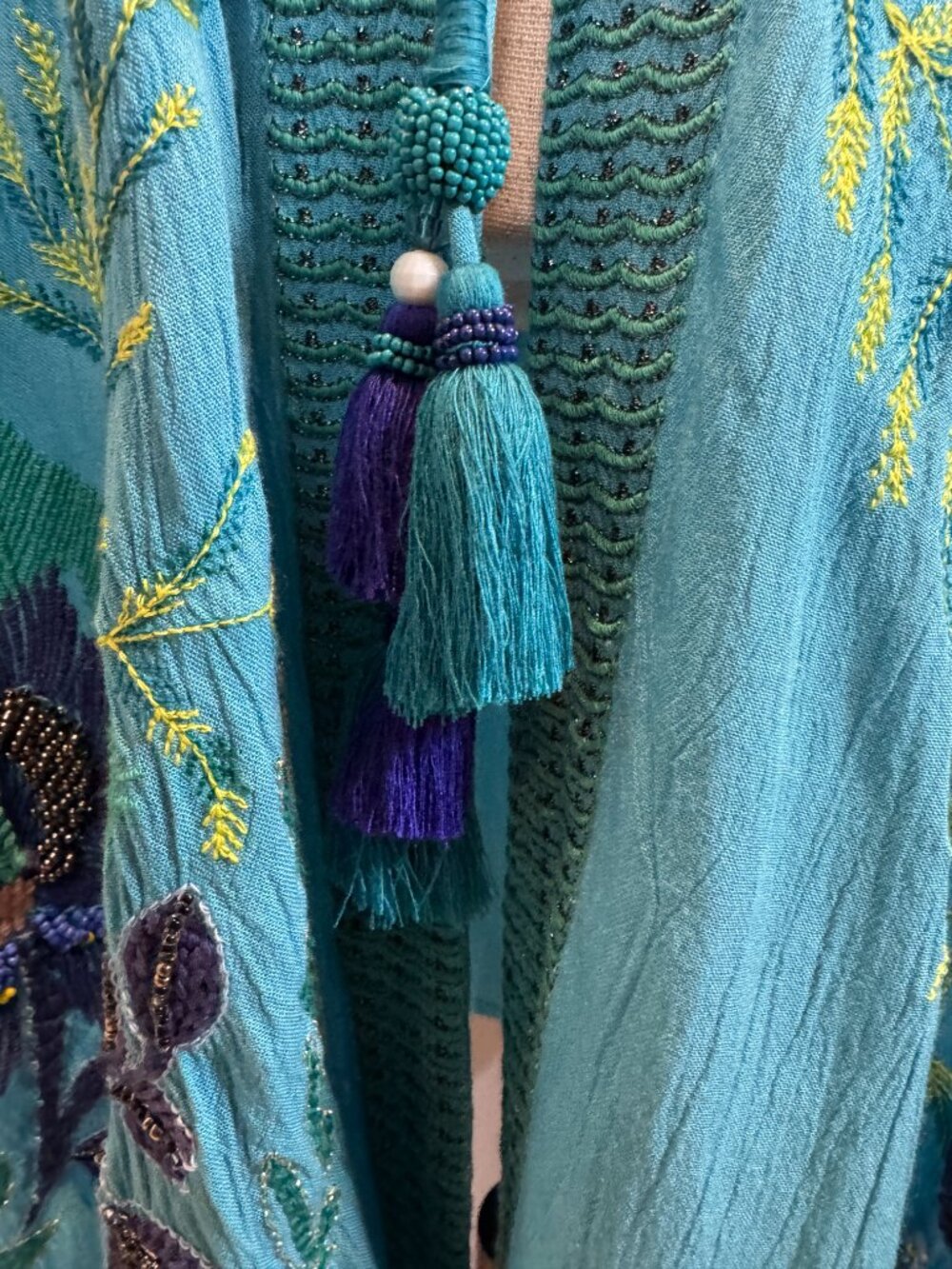Chico’s Special Edition Embroidered Beaded Turquoise Ruana Duster Kimono S/M - Picture 9 of 16